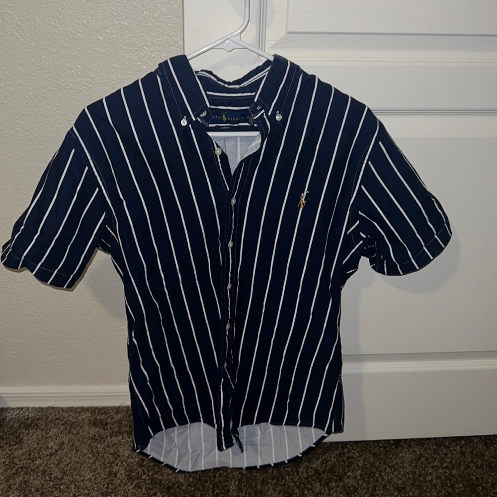Slim fit blue and white striped short sleeve polo